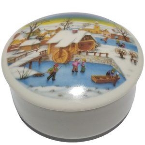 Collectible Lidded Round Trinket Box, With a Snow Village Scene by Picard China